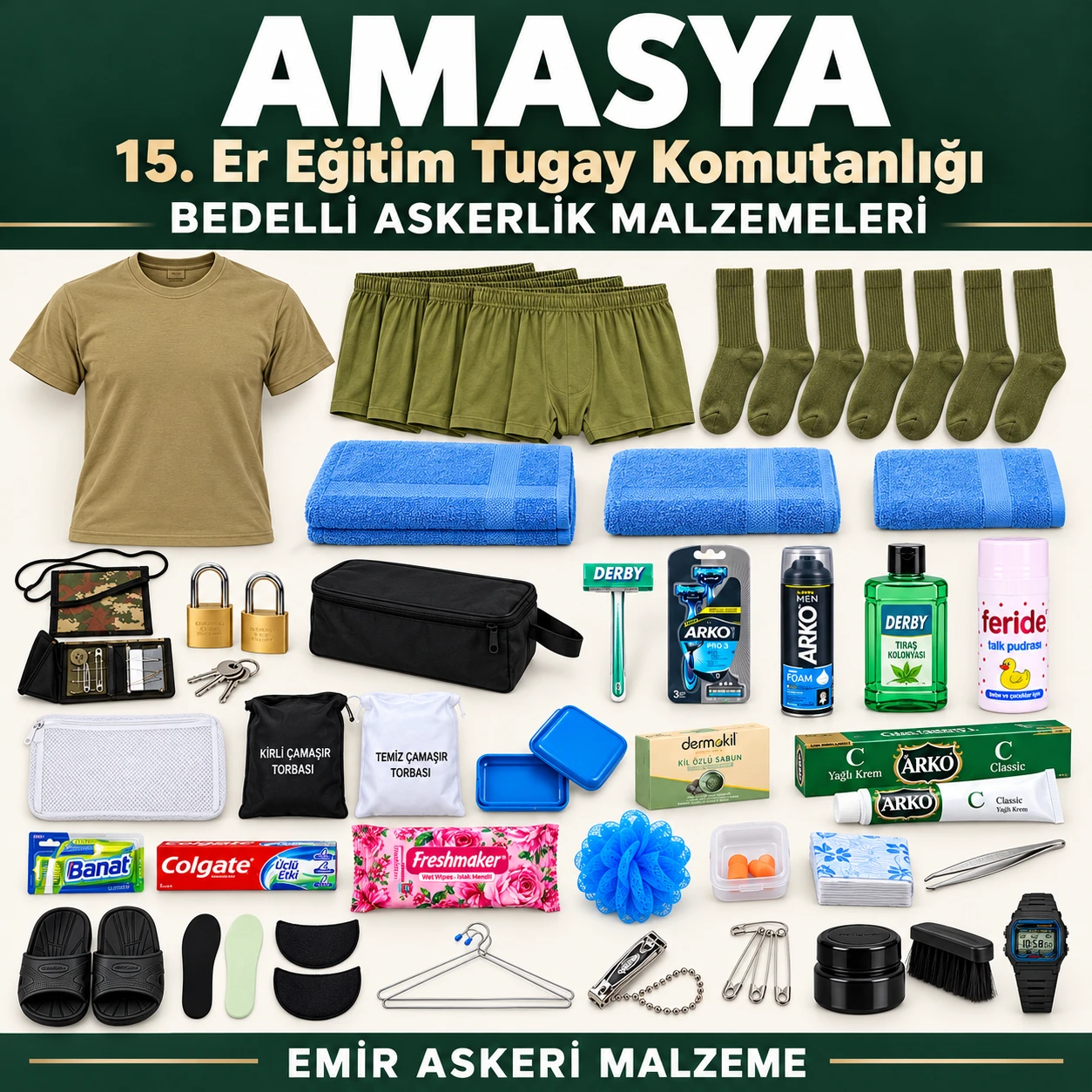 Amasya — 15. Er Eğitim Tugay Komutanlığı için iç giyim, havlu, terlik, tabanlık, kilit ve bakım ürünleri