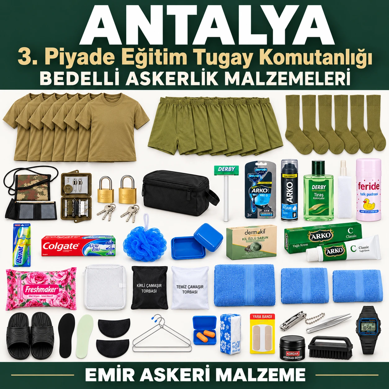 Antalya — 3. Piyade Eğitim Tugay Komutanlığı için iç giyim, havlu, terlik, tabanlık, kilit ve bakım ürünleri