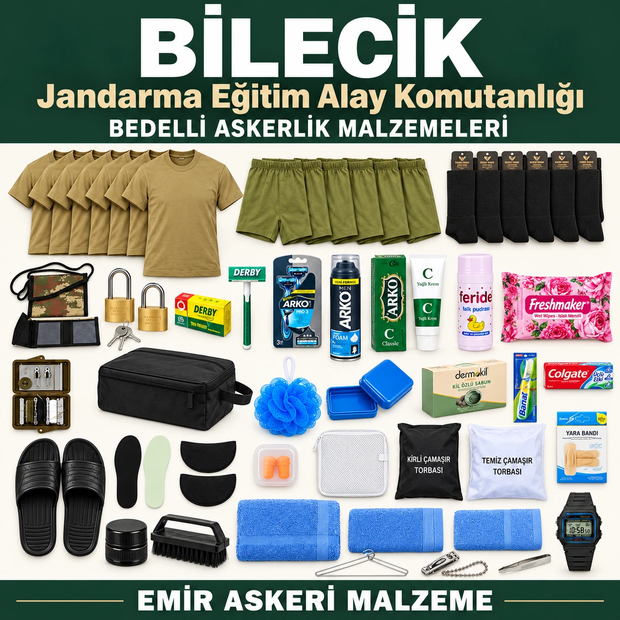 Bilecik — Jandarma Eğitim Alay Komutanlığı için iç giyim, havlu, terlik, tabanlık, kilit ve bakım ürünleri