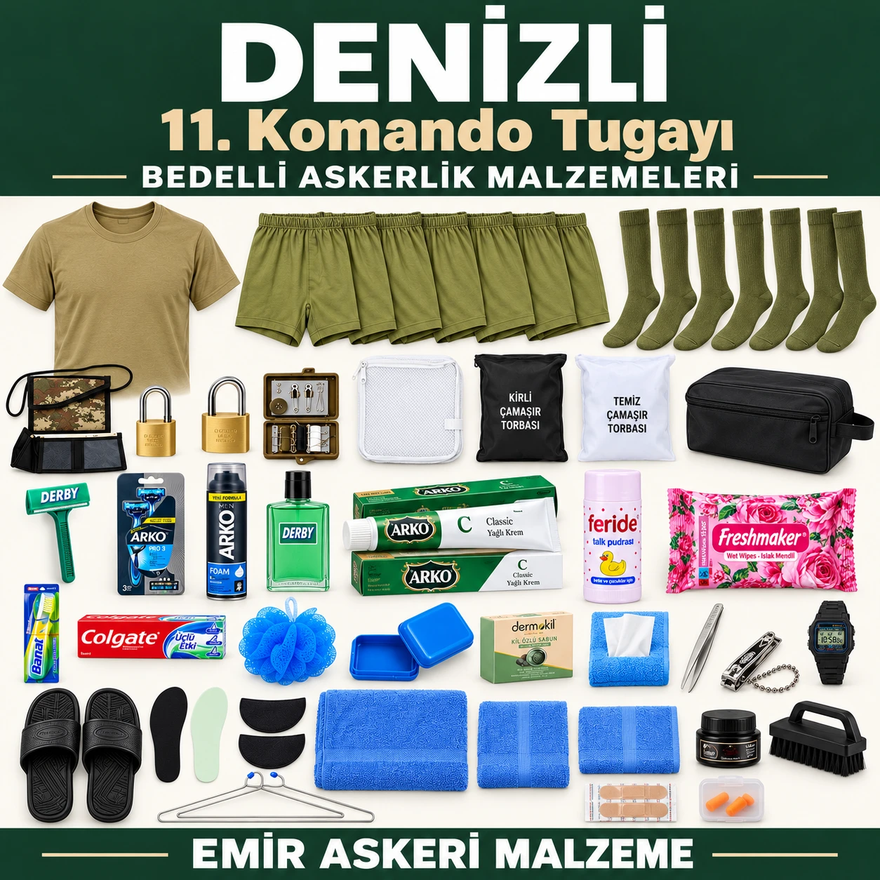 Denizli — 11. Komando Tugayı için iç giyim, havlu, terlik, tabanlık, kilit ve bakım ürünleri