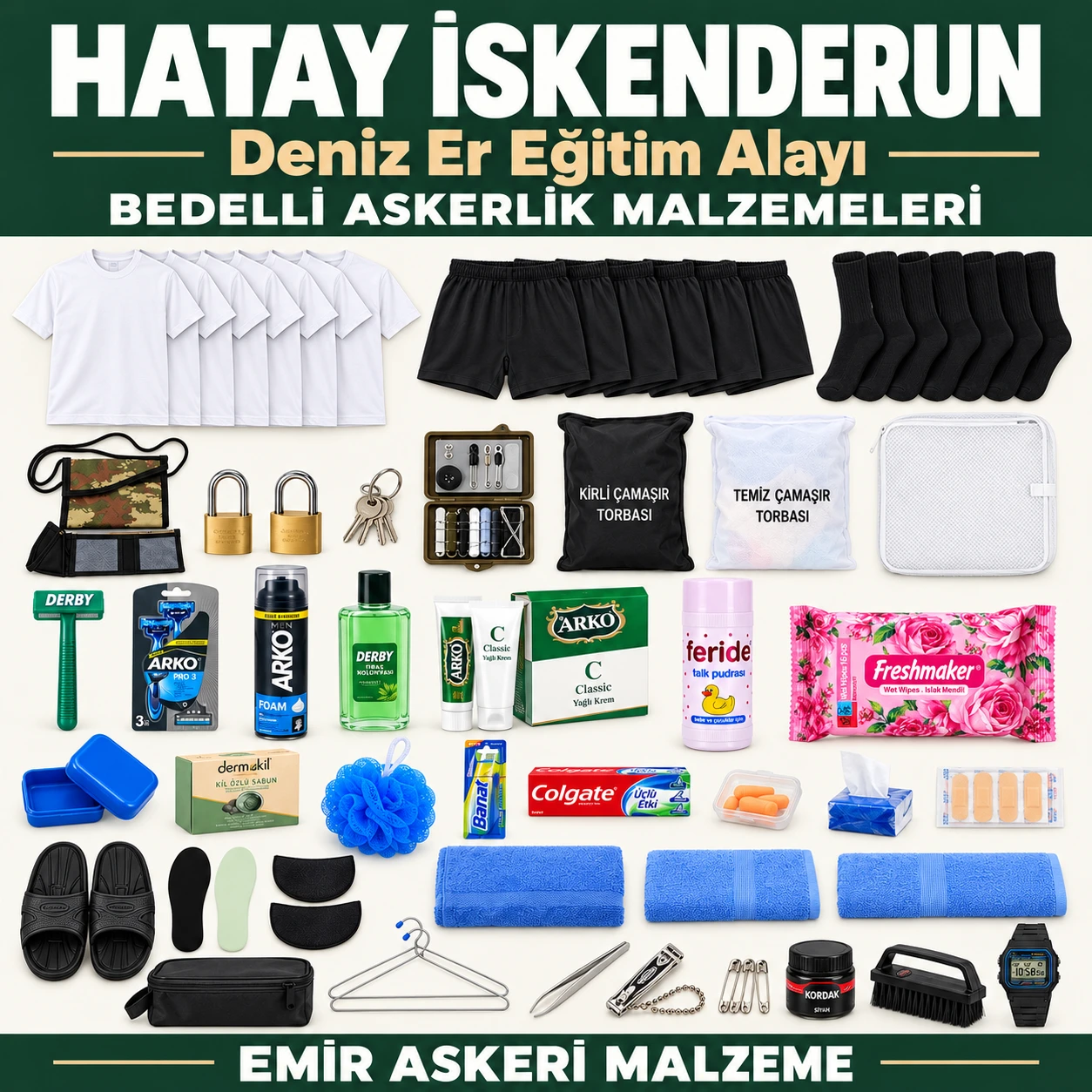 Hatay İskenderun — Deniz Er Eğitim Alayı için iç giyim, havlu, terlik, tabanlık, kilit ve bakım ürünleri