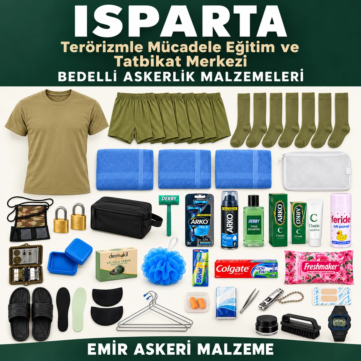 Isparta — Terörizmle Mücadele Eğitim ve Tatbikat Merkezi için iç giyim, havlu, terlik, tabanlık, kilit ve bakım ürünleri
