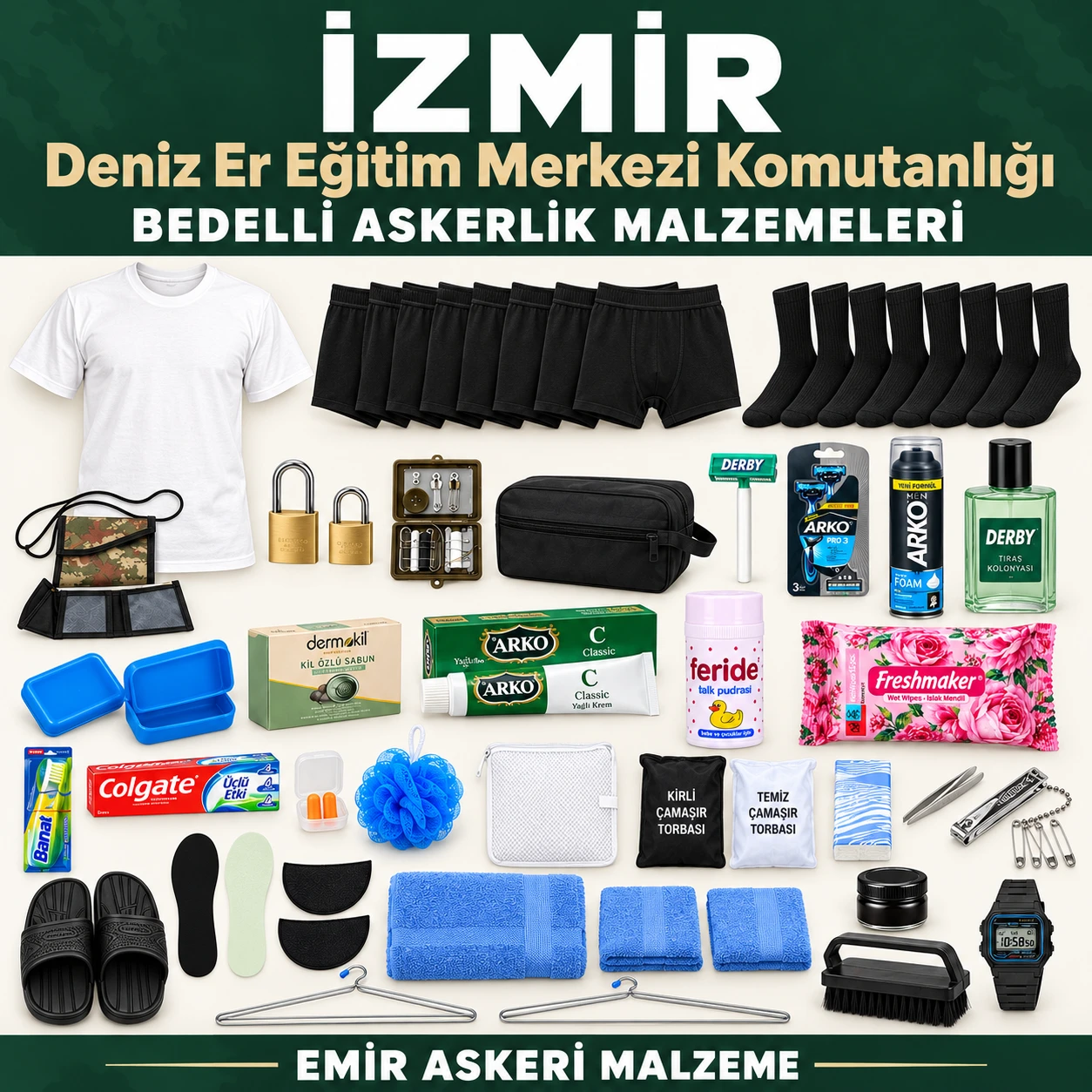 İzmir — Deniz Er Eğitim Merkezi Komutanlığı için iç giyim, havlu, terlik, tabanlık, kilit ve bakım ürünleri