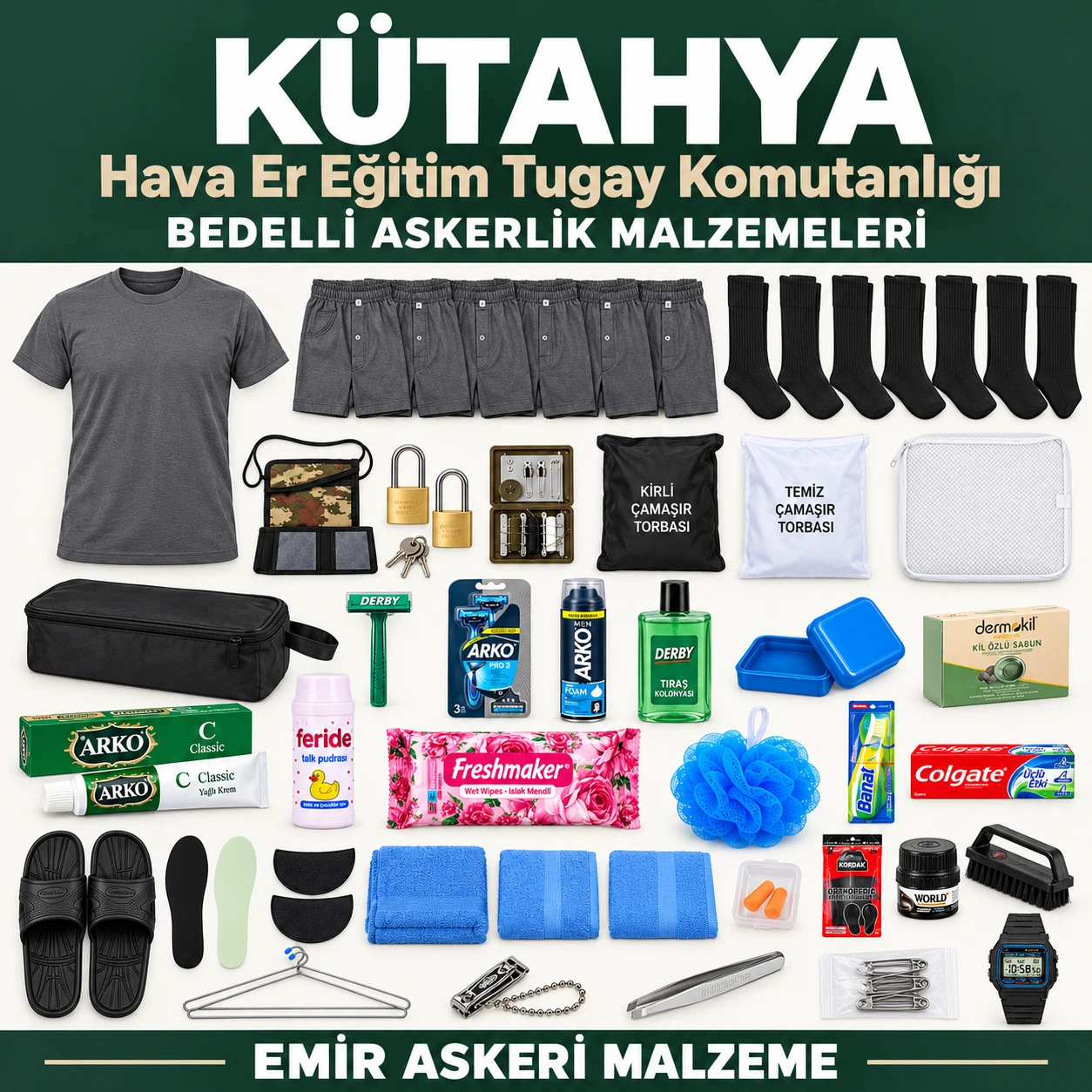 Kütahya — Hava Er Eğitim Tugay Komutanlığı için iç giyim, havlu, terlik, tabanlık, kilit ve bakım ürünleri